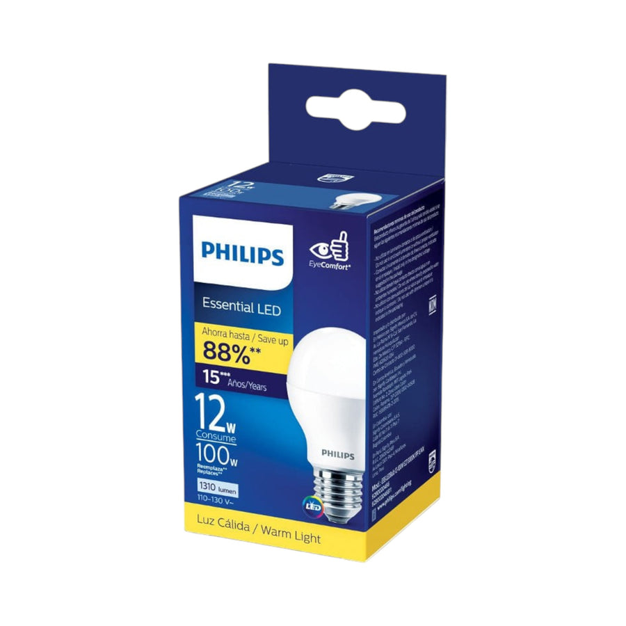 Foco Philips LED Bulb, 12W (Equivale a 100W), Luz Cálida 3000K, Base E27