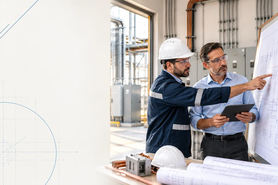 Dos técnicos revisan planos eléctricos en una planta industrial; uno señala el plano y otro sostiene una tableta