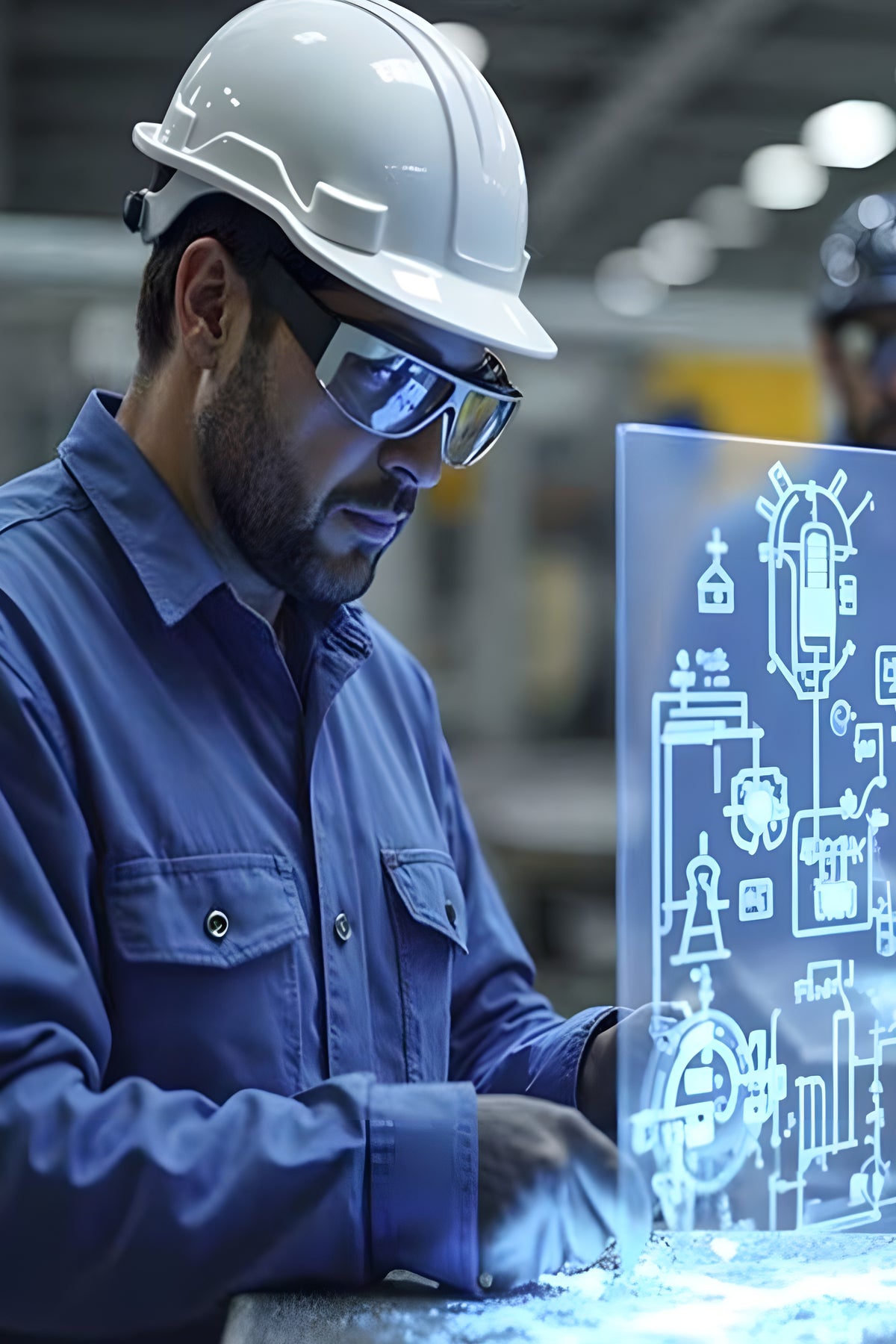 Técnico con casco y lentes de seguridad revisando un diagrama de control industrial en una pantalla transparente