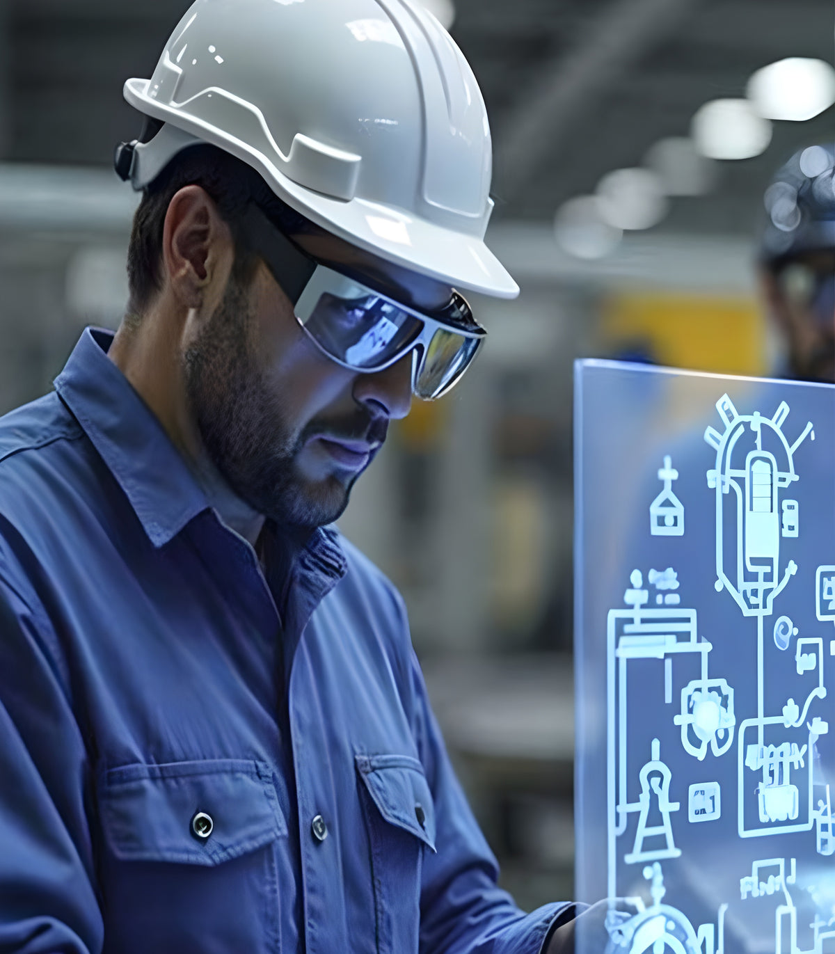 Técnico con casco y lentes de seguridad revisando un diagrama de control industrial en una pantalla transparente