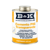 Cemento PVC Transparente B&K, Condiciones Normales, Lata de 475 ml con Aplicador