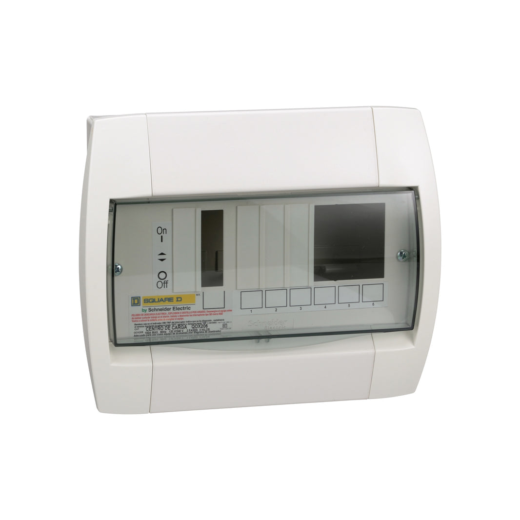 Centro de carga Schneider Electric QOX206 de 8 espacios con tapa transparente, vista en ángulo