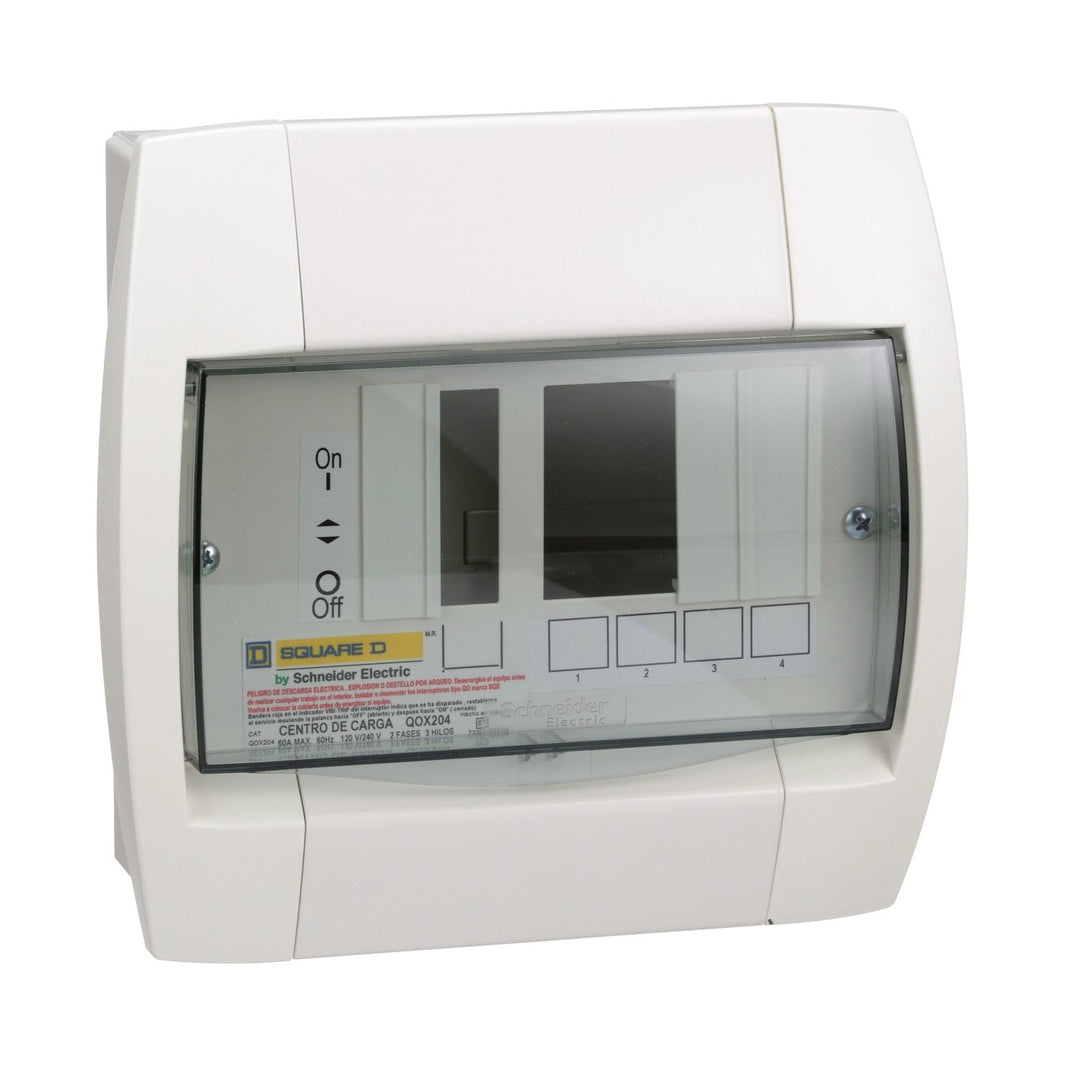 Centro de carga Schneider Electric QOX204 de 6 espacios con tapa transparente, vista en ángulo