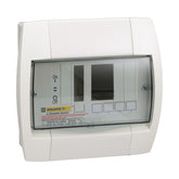 Centro de carga Schneider Electric QOX204 de 6 espacios con tapa transparente, vista en ángulo