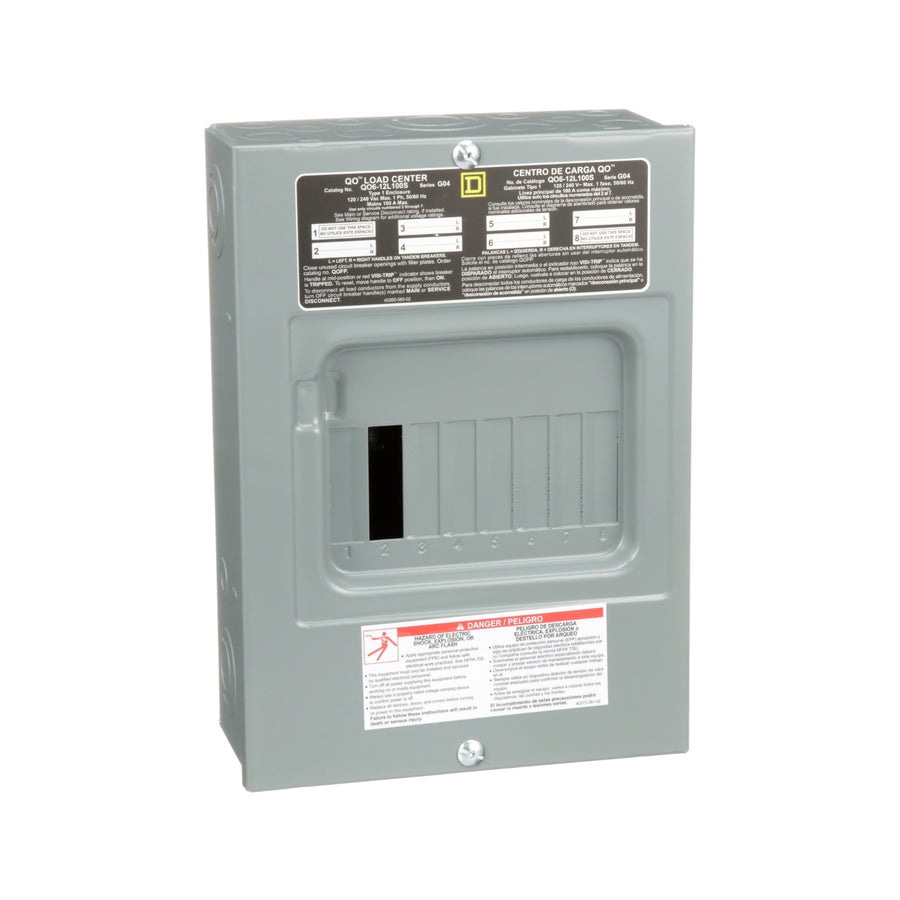 Centro de carga Square D QO612L100S de 6 espacios para sobreponer, vista en ángulo