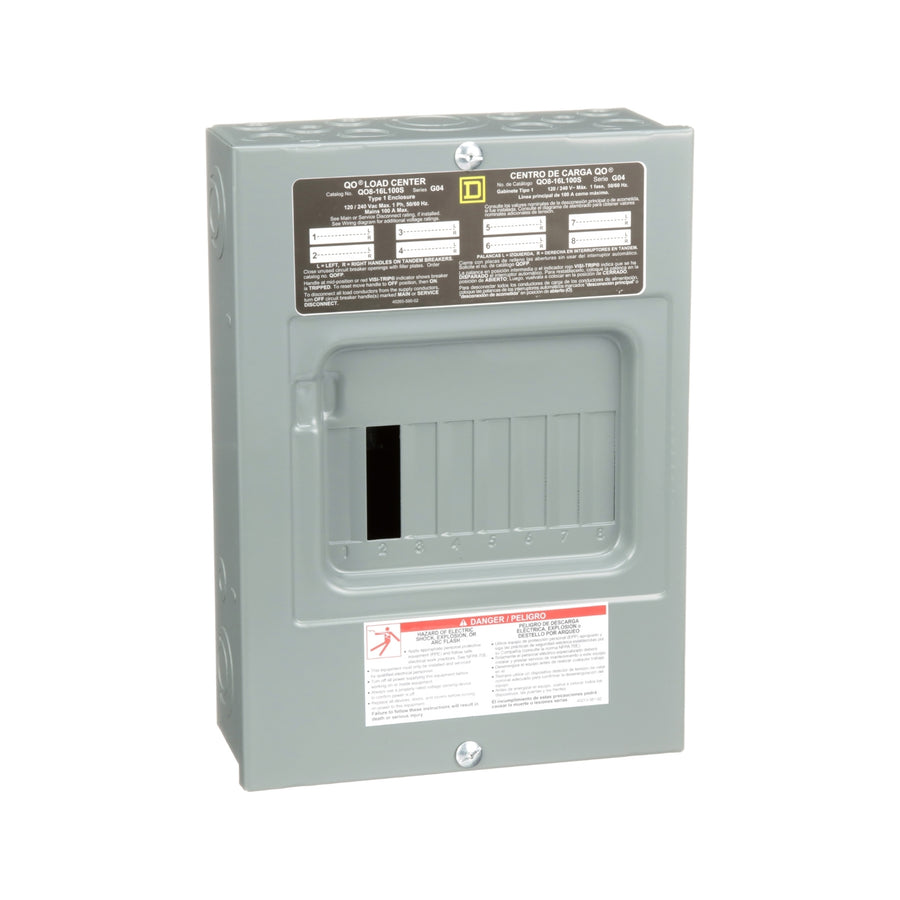Centro de carga Square D QO816L100S de 8 espacios para sobreponer, vista en ángulo