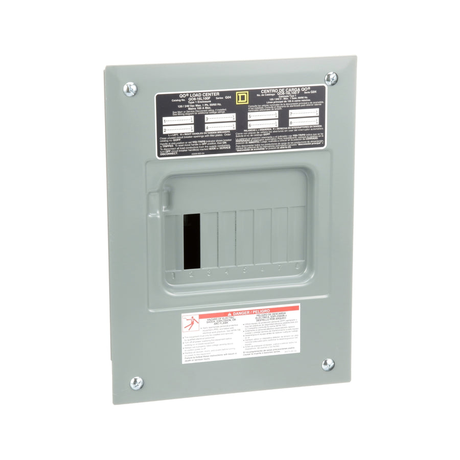 Centro de carga Square D QO816L100F de 8 espacios para empotrar, vista en ángulo