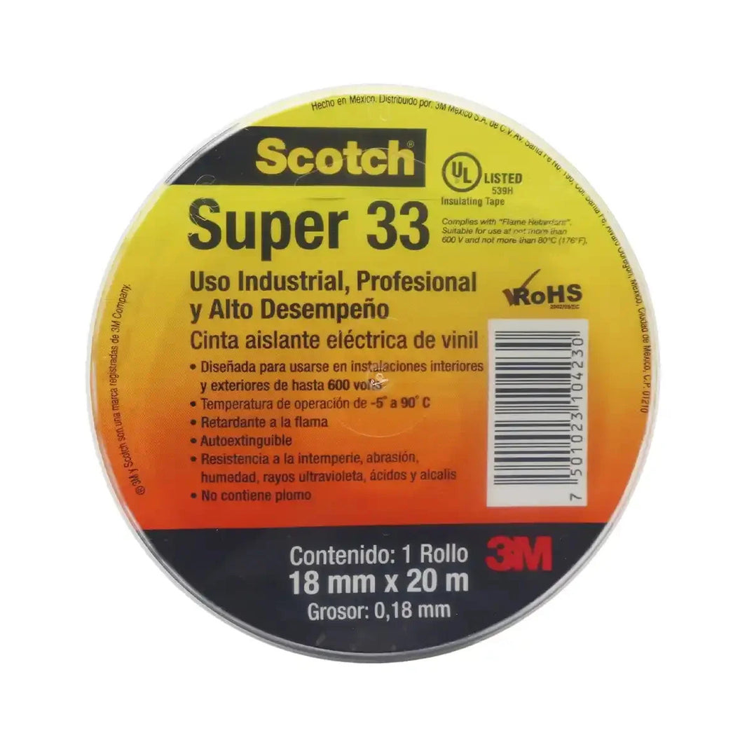 Cinta Aislante Eléctrica 3M Scotch Súper 33 de Vinilo Premium 600V 18 mm x 20 m