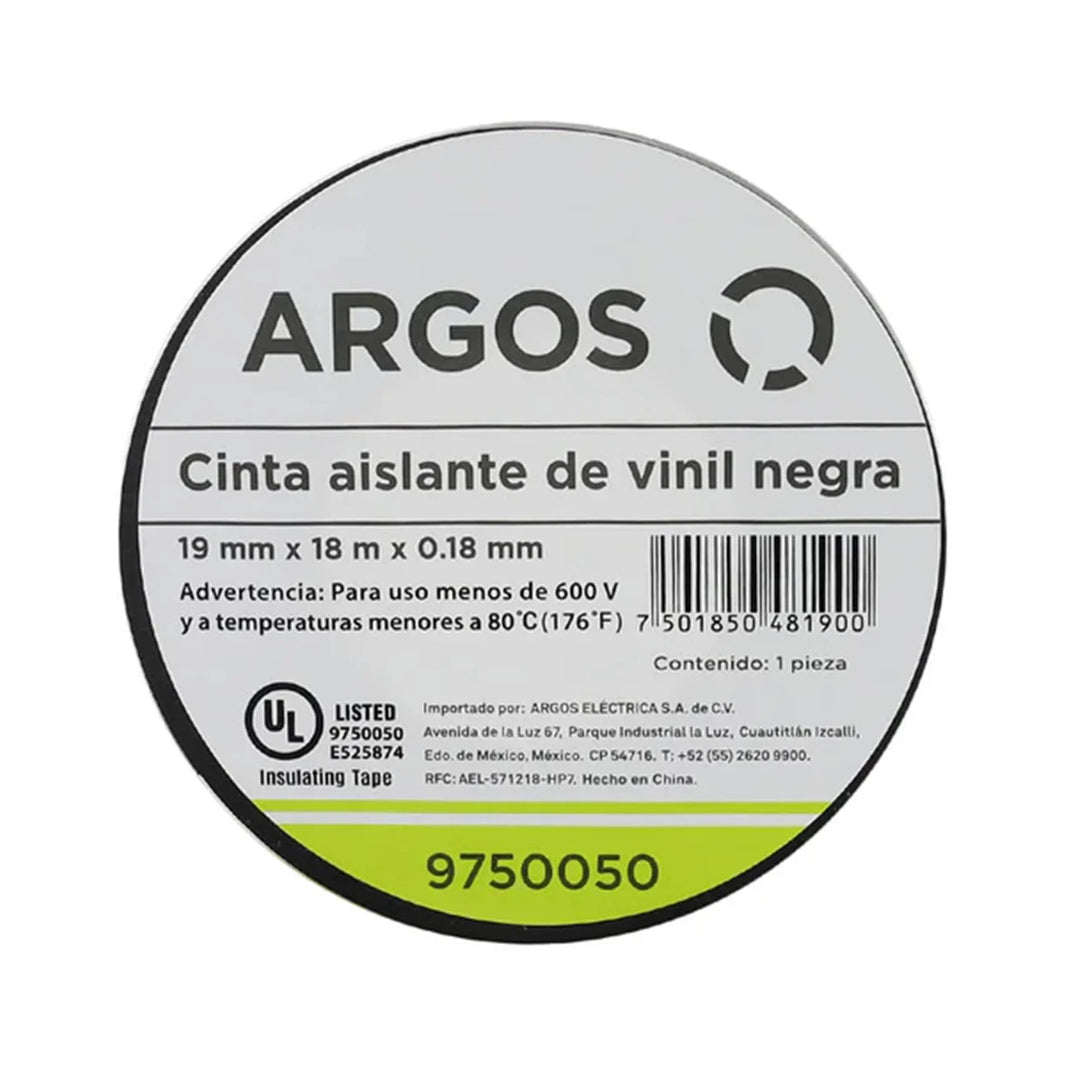Cinta Aislante Argos de Vinil 19 mm x 18 m Color Negro
