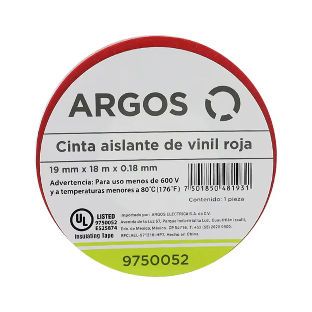 Cinta Aislante Argos de Vinil 19 mm x 18 m Color Rojo