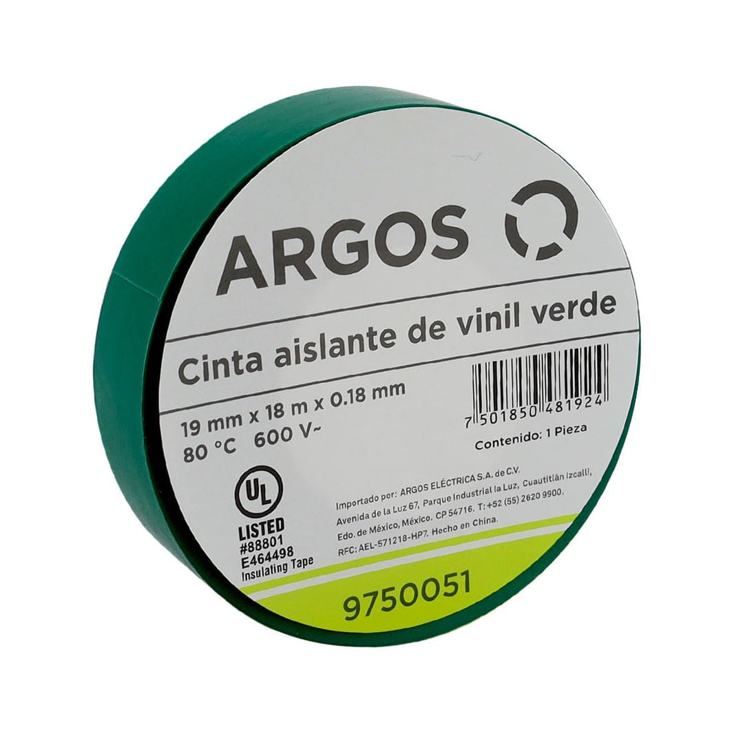 Cinta Aislante Argos de Vinil 19 mm x 18 m Color Verde