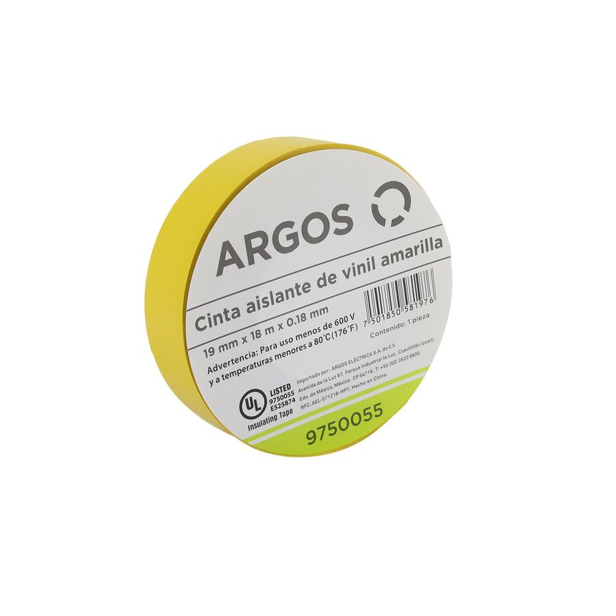 Cinta Aislante Argos de Vinil 19 mm x 18 m Color Amarillo