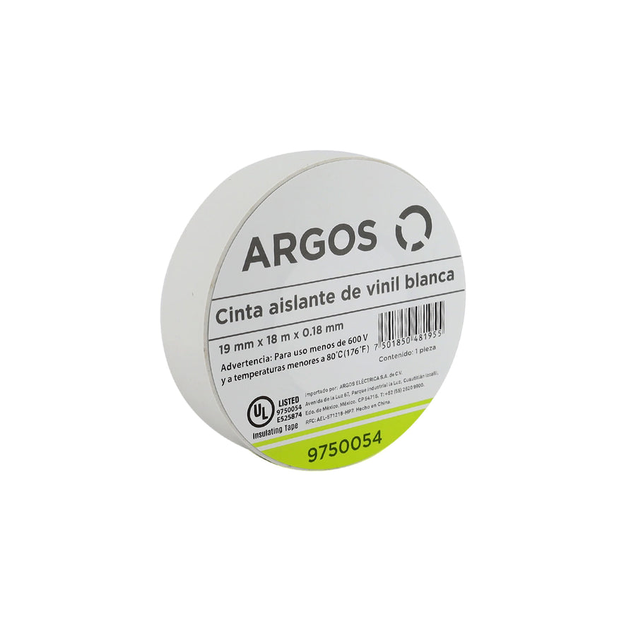 Cinta Aislante Argos de Vinil 19 mm x 18 m Color Blanco