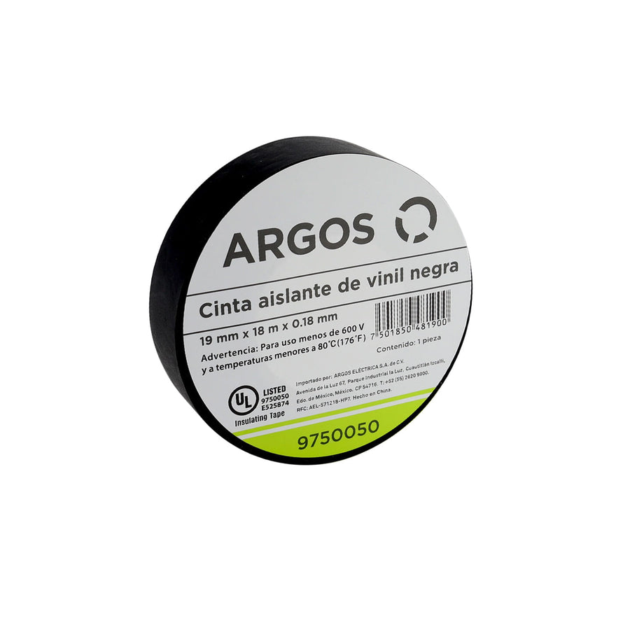 Cinta Aislante Argos de Vinil 19 mm x 18 m Color Negro