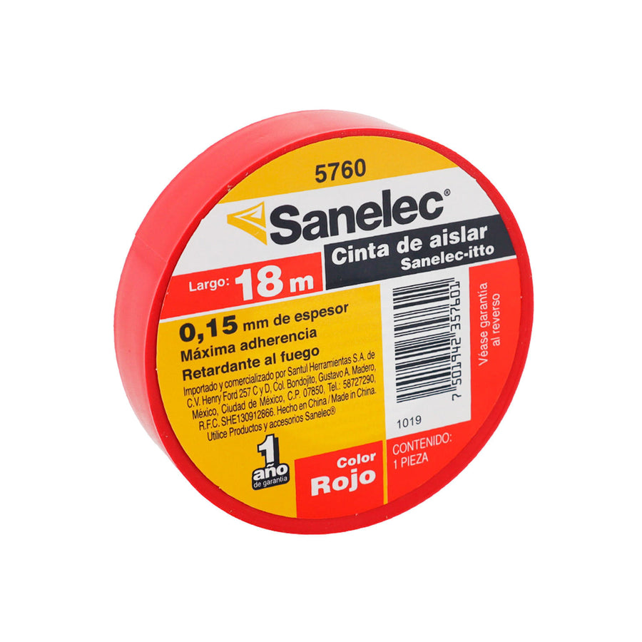 Cinta de Aislar Sanelec de PVC, 19 mm x 18 m, Color Rojo