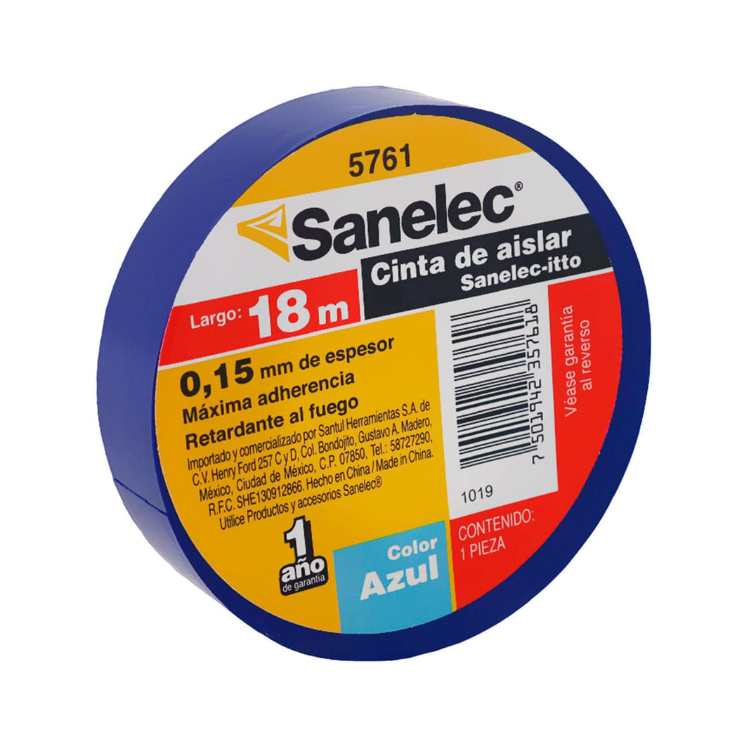 Cinta de Aislar Sanelec de PVC, 19 mm x 18 m, Color Azul