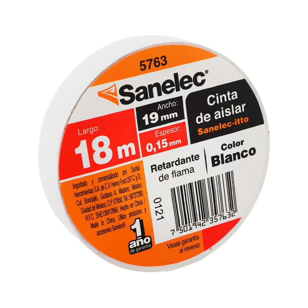Cinta de Aislar Sanelec de PVC, 19 mm x 18 m, Color Blanco