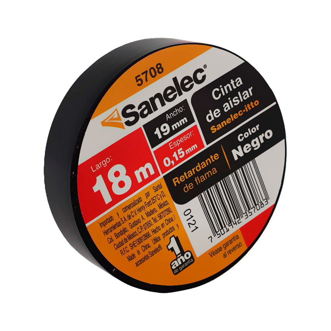 Cinta de Aislar Sanelec de PVC, 19 mm x 18 m, Color Negro