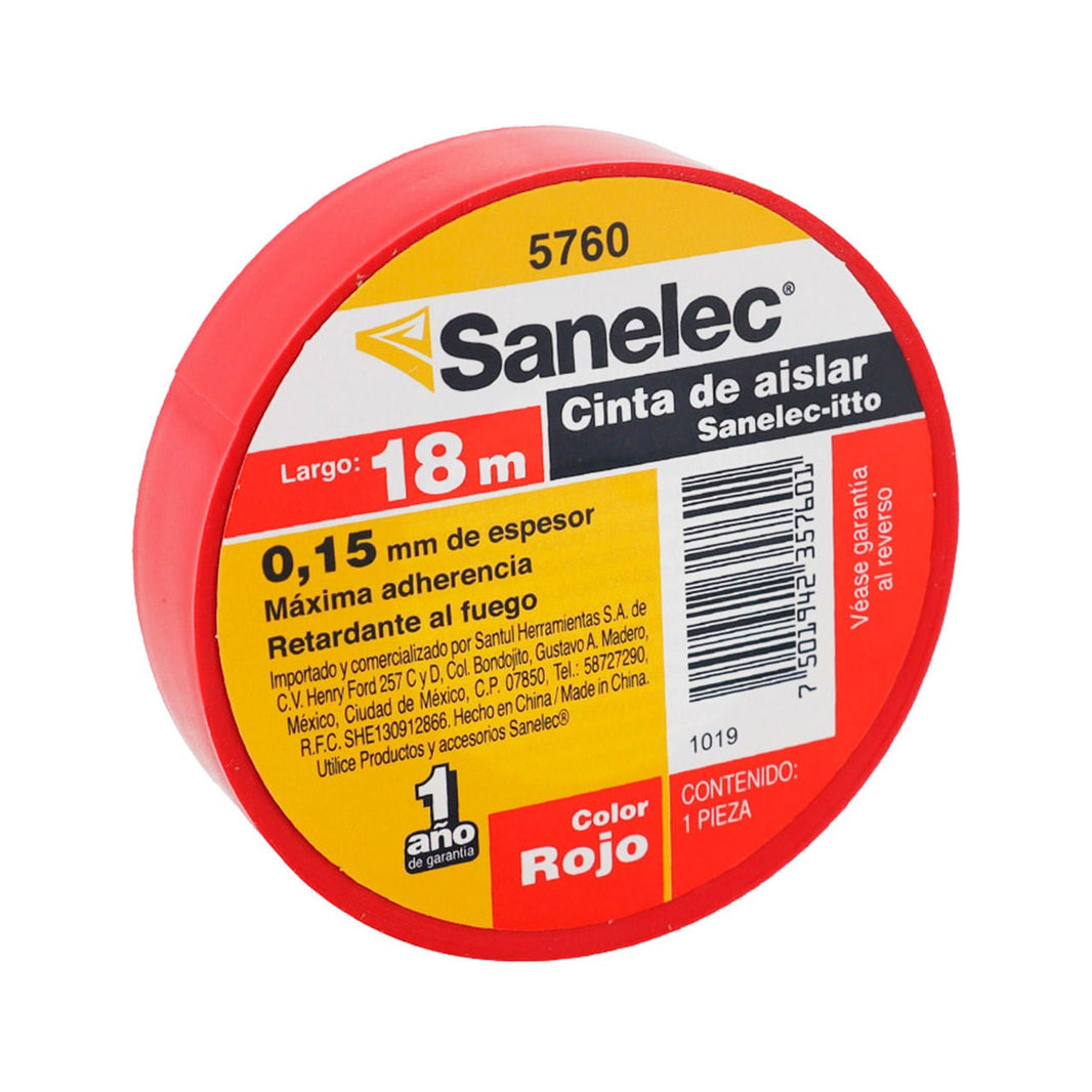 Cinta de Aislar Sanelec de PVC, 19 mm x 18 m, Color Rojo