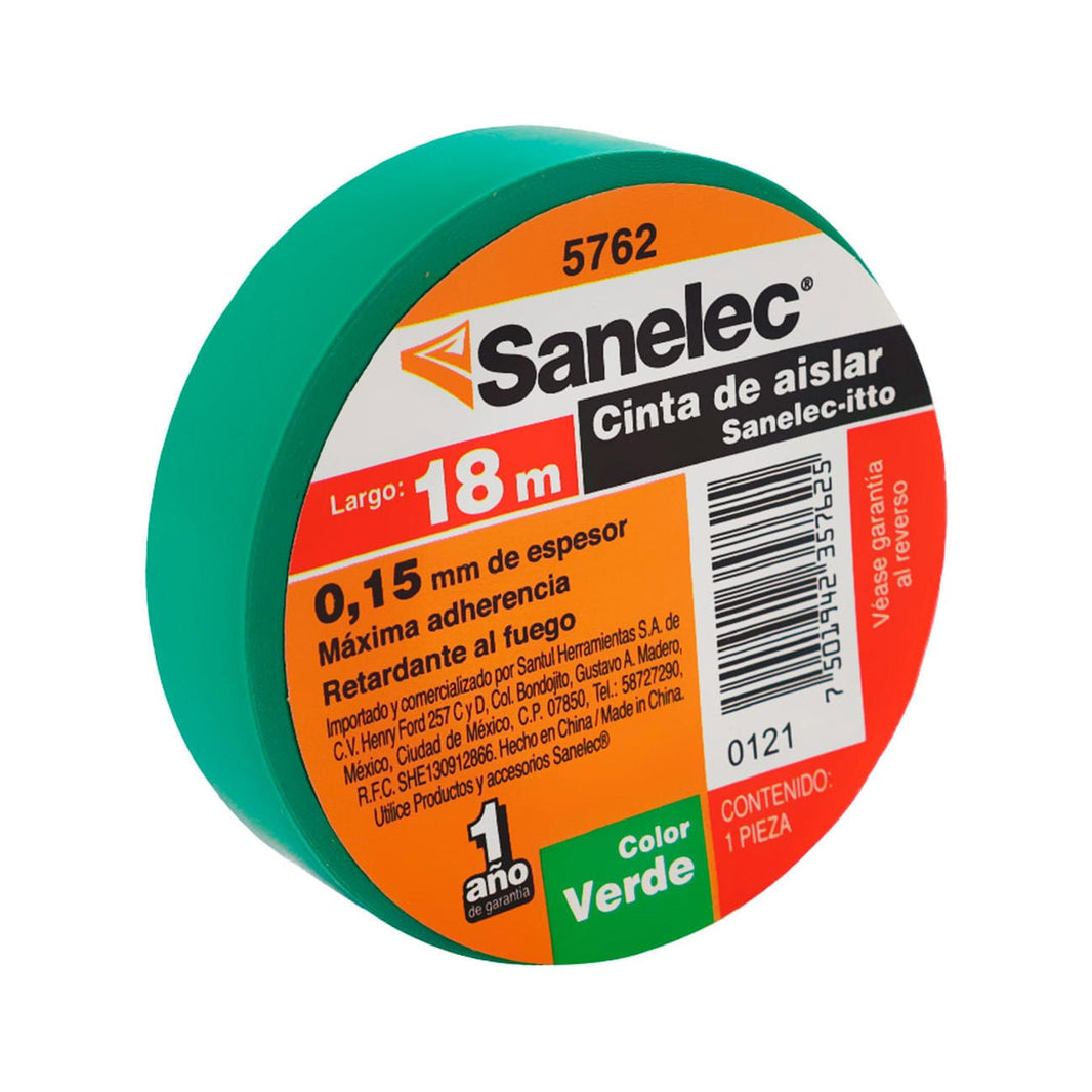 Cinta de Aislar Eléctrica Sanelec 19 mm x 18 m Color Verde SE357625