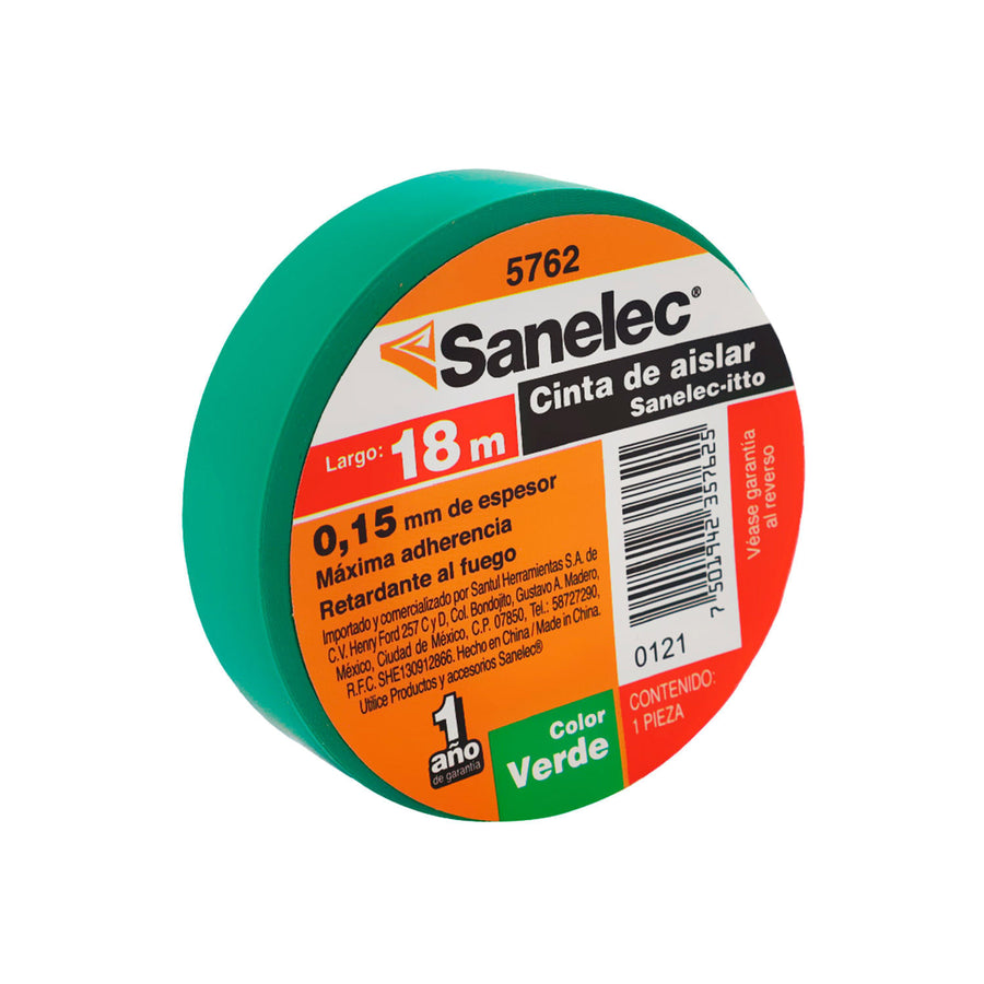 Cinta de Aislar Eléctrica Sanelec 19 mm x 18 m Color Verde SE357625