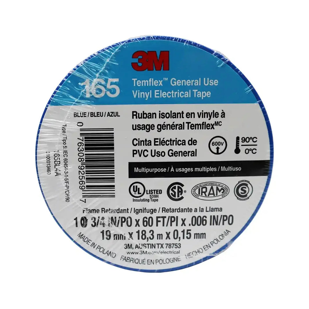 Cinta Eléctrica de PVC 3M Temflex 165, Color Azul, 19 mm x 18.3 m, para Aislamiento de 600V