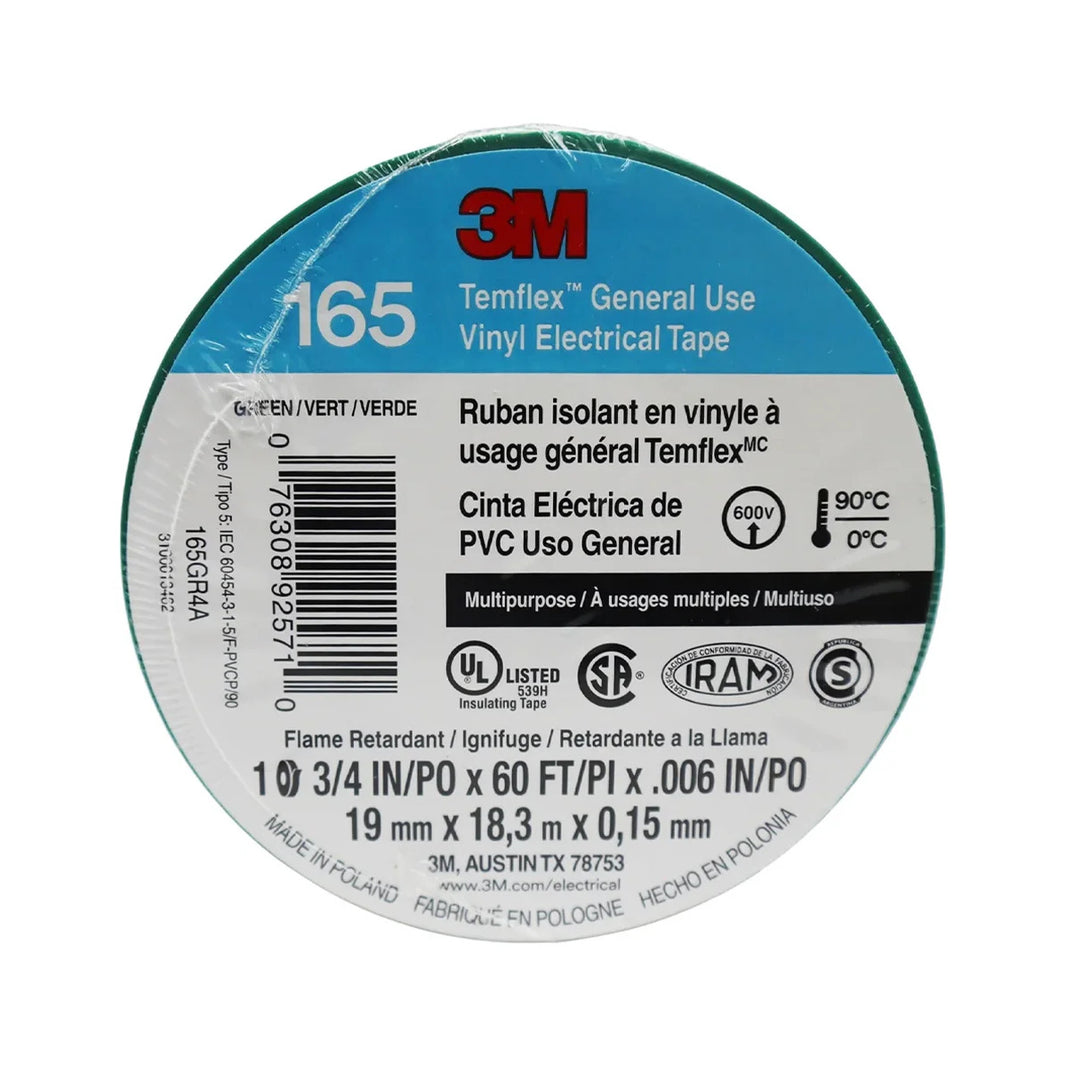Cinta Eléctrica de PVC 3M Temflex 165, Color Verde, 19 mm x 18.3 m, para Aislamiento de 600V