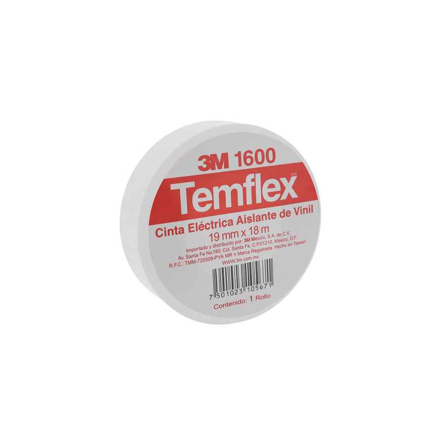 Cinta Eléctrica de PVC 3M Temflex 165, Color Blanco, 19 mm x 18.3 m, para Aislamiento de 600V