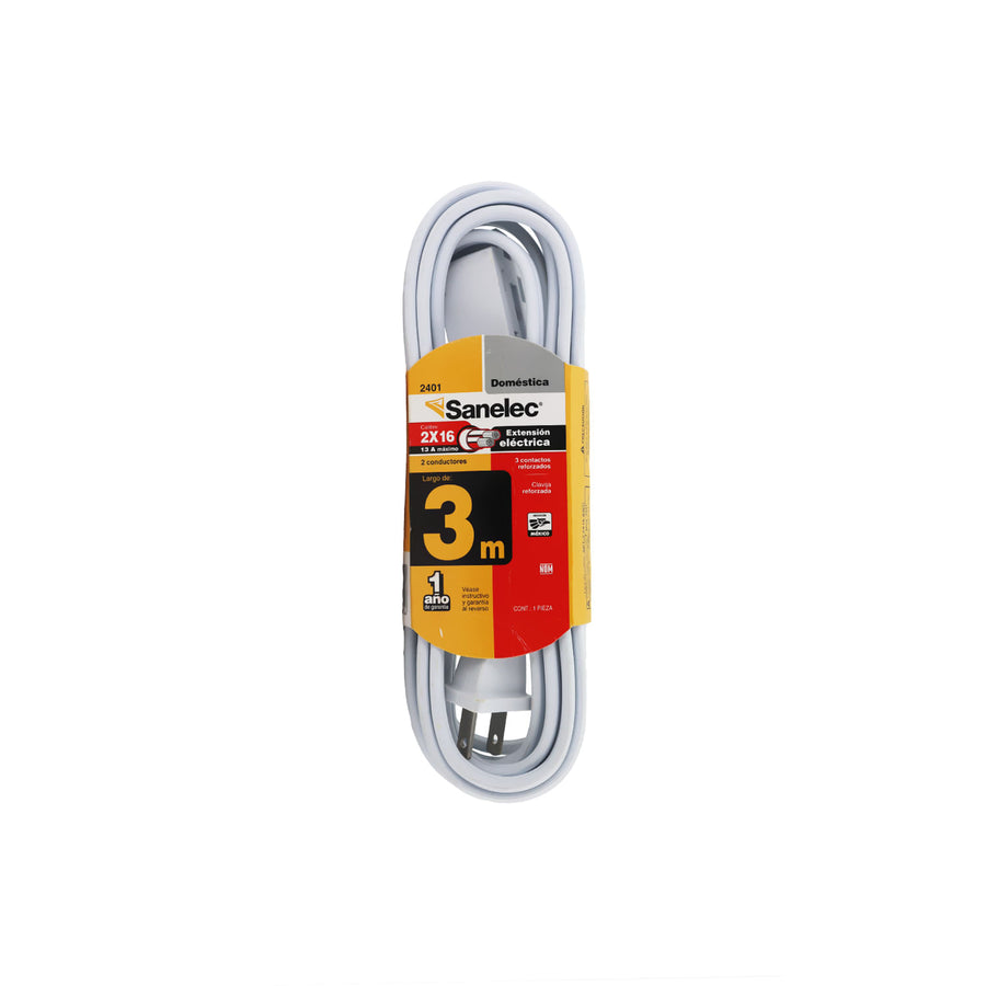 Extensión Doméstica Sanelec, 3 m, Blanca, 2x16 AWG | SE324016