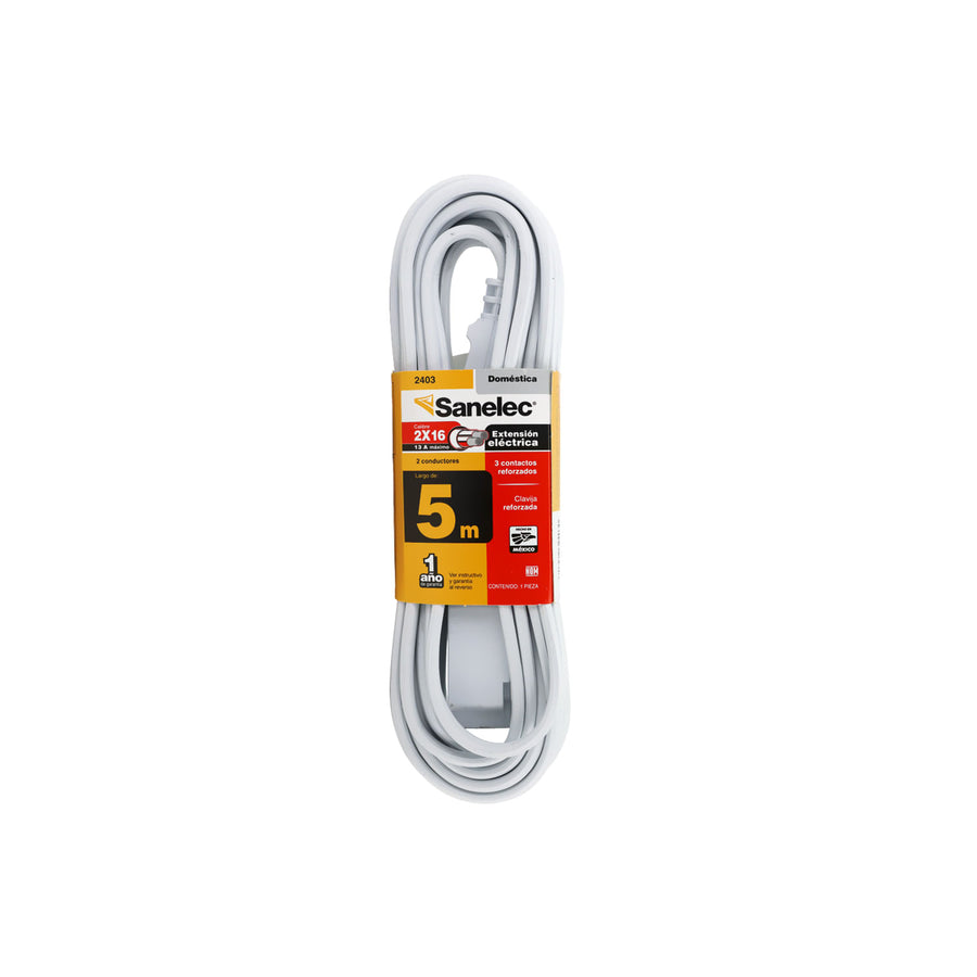 Extensión Doméstica Sanelec, 5 m, Blanca, 2x16 AWG | SE324030