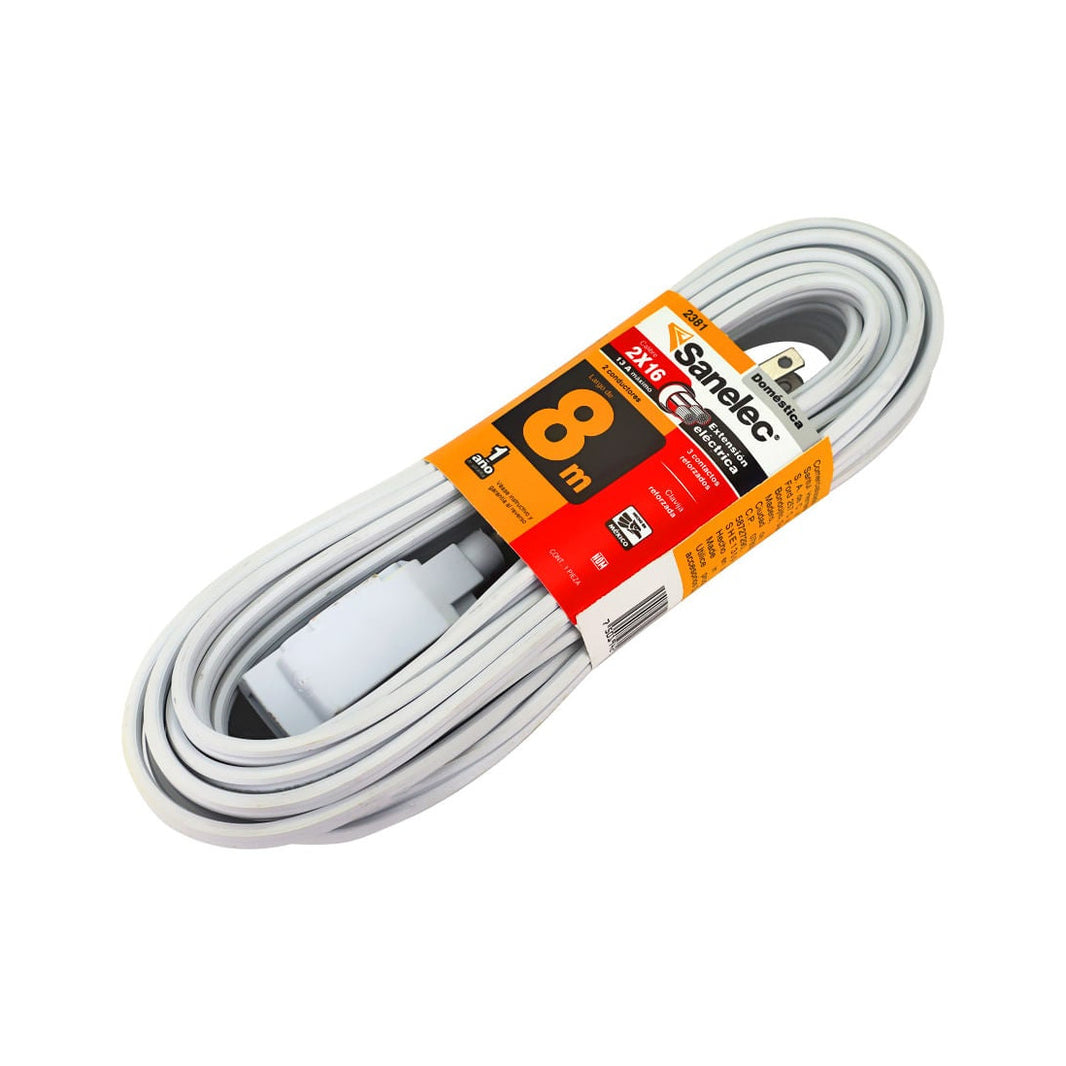 Extensión Doméstica Sanelec, 8 m, Blanca, 2x16 AWG | SE323811