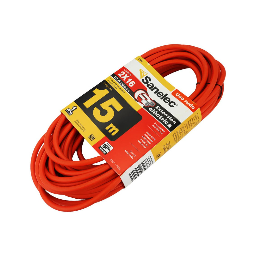 Extensión Uso Rudo Sanelec, 15 m, Naranja, 2x16 AWG, | SE323866