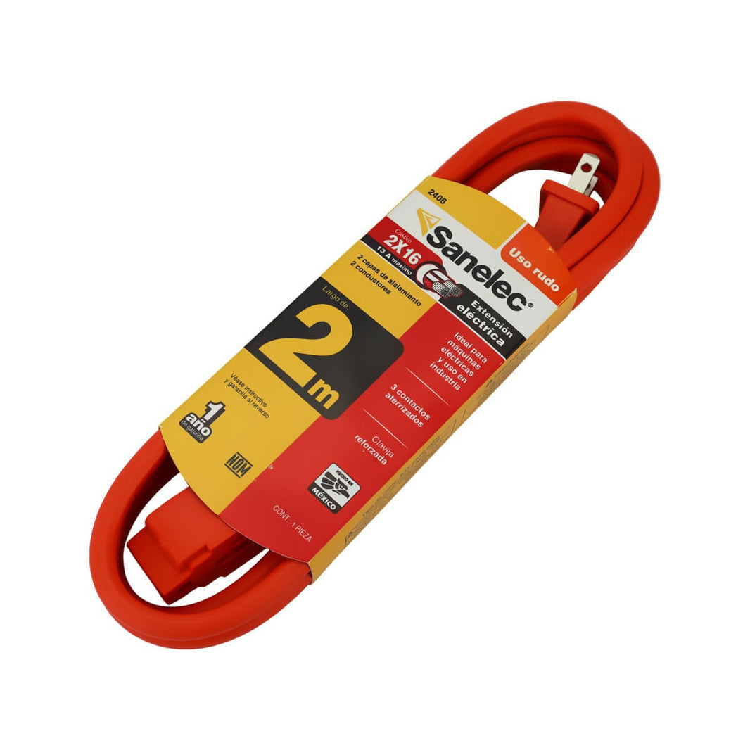 Extensión Uso Rudo Sanelec, 2 m, Naranja, 2x16 AWG | SE324061