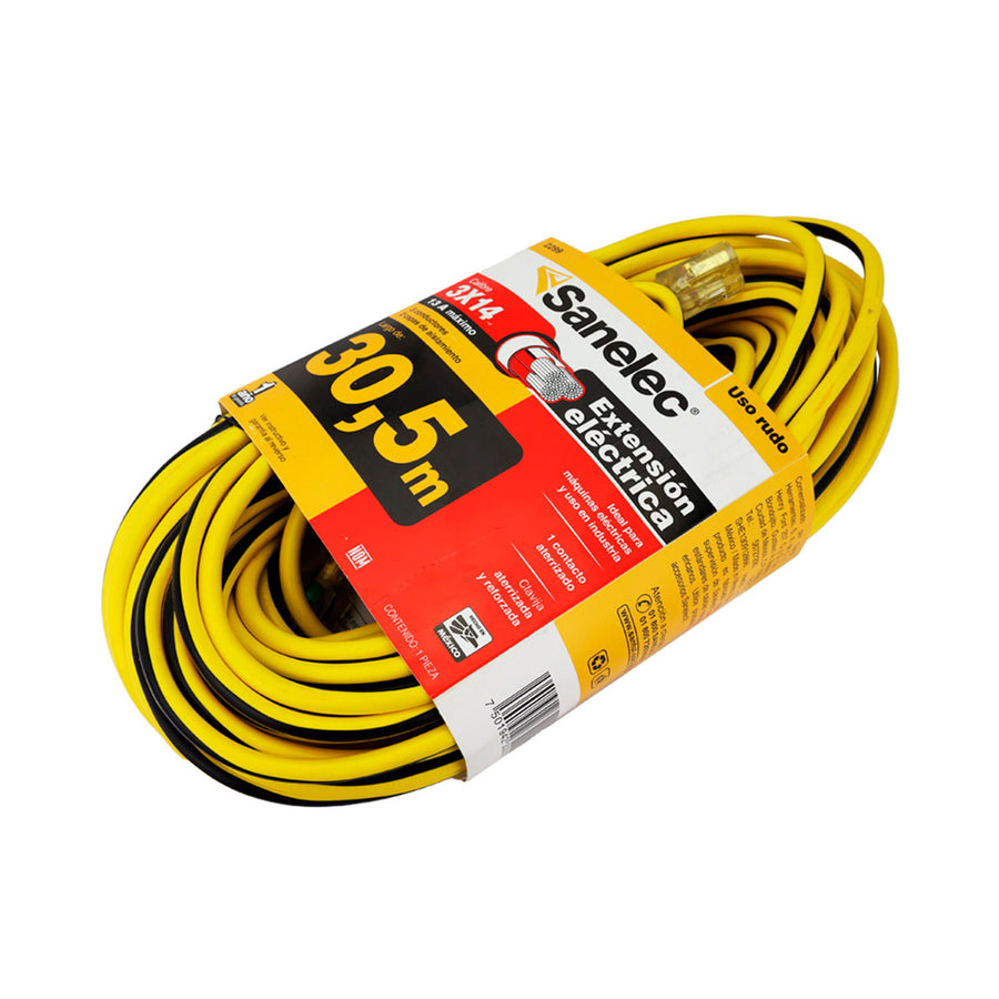 Extensión Uso Rudo Sanelec, 30 m, Amarilla, 3x14 AWG | SE322999