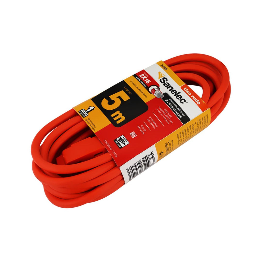 Extensión Uso Rudo Sanelec, 5 m, Naranja, 2x16 AWG | SE324085