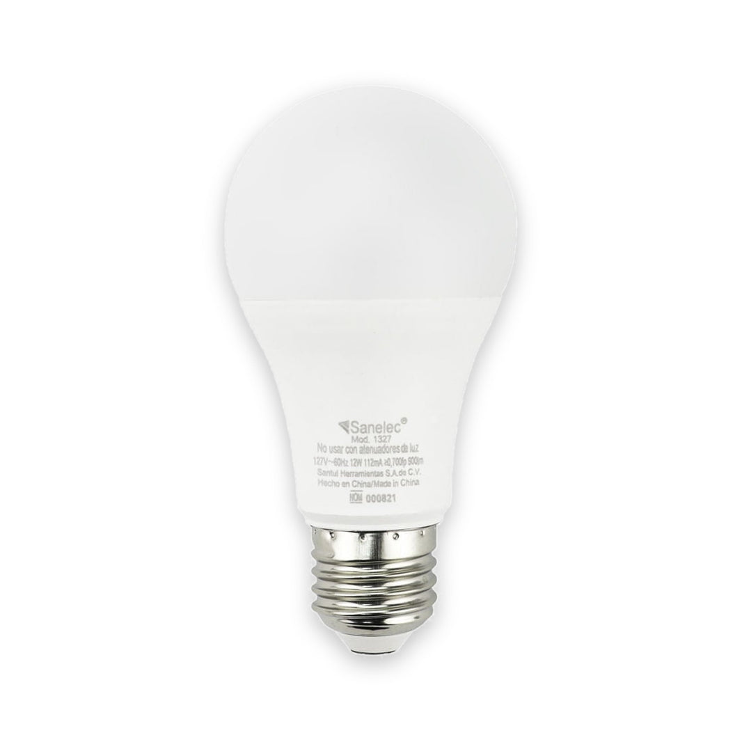 Foco LED Sanelec Tipo A19, Luz Fría 6500K, Base E27, 12W