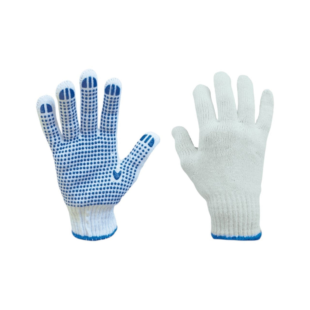 Guantes tipo japonés Argos de algodón y poliéster blanco con puntos de PVC azul en la palma para mayor agarre