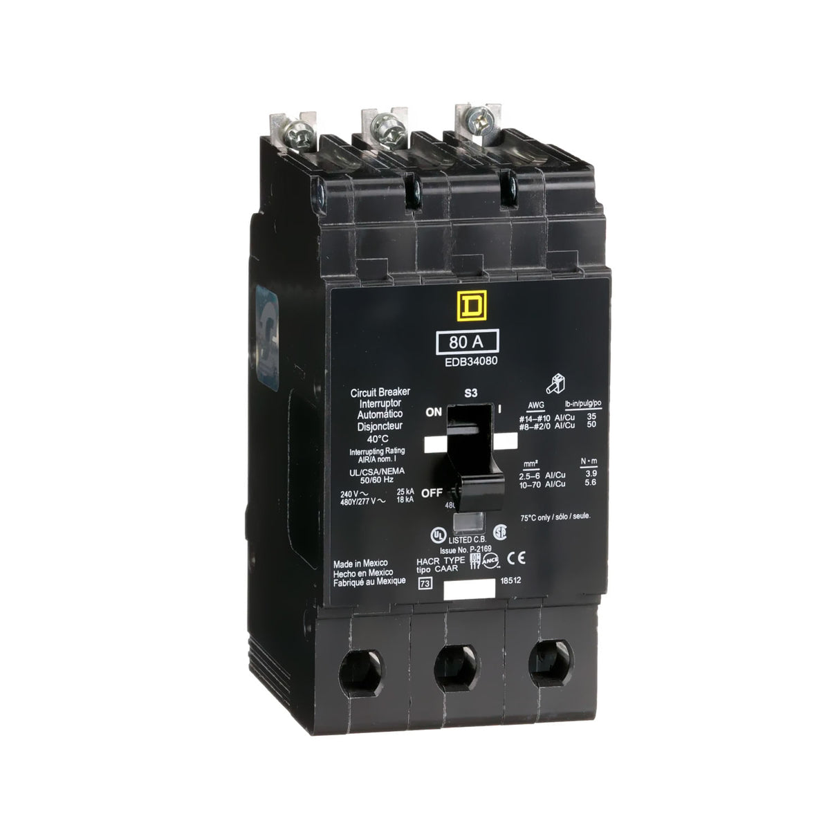 Interruptor Termomagnético Atornillable Schneider Electric, Marco E, 3 Polos, 80A, 480/277V, 18-25kA