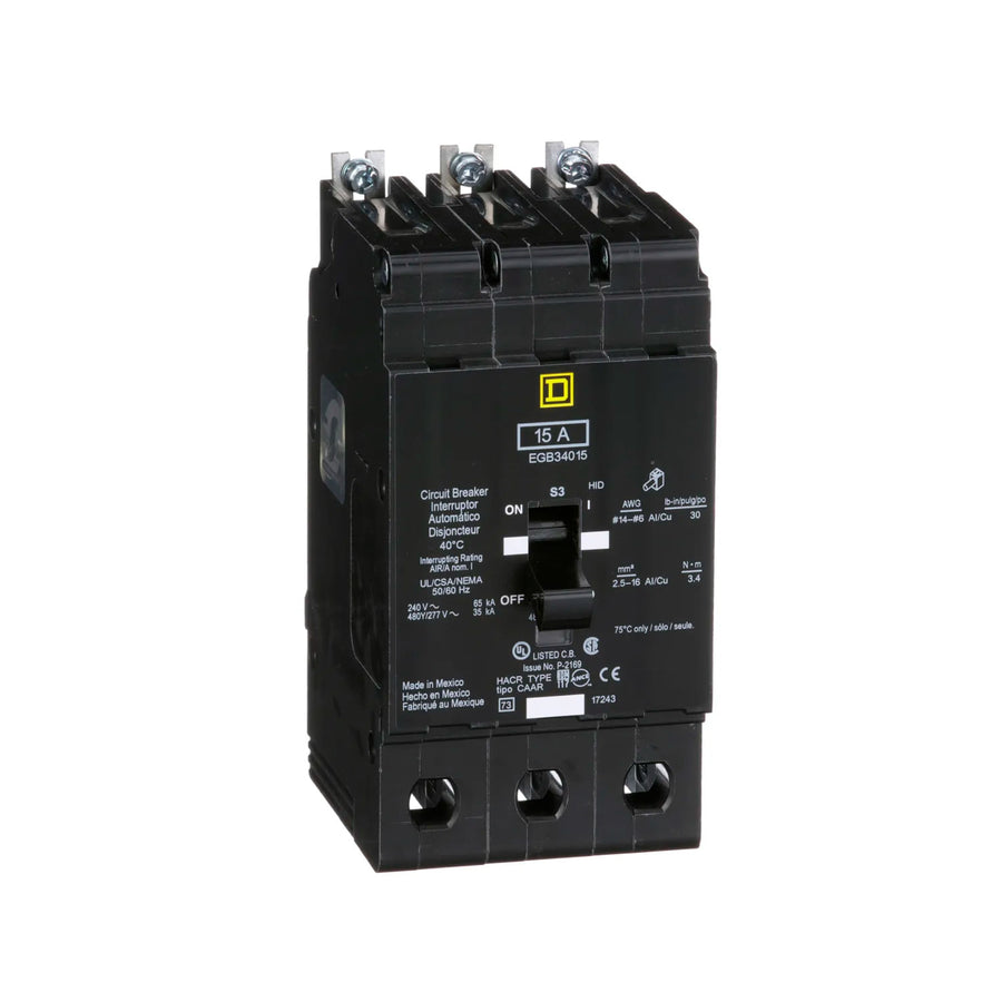 Interruptor Automático Atornillable Schneider Electric EGB34015, Marco E, 3 Polos, 15A, 480-277V, 35/65kA.