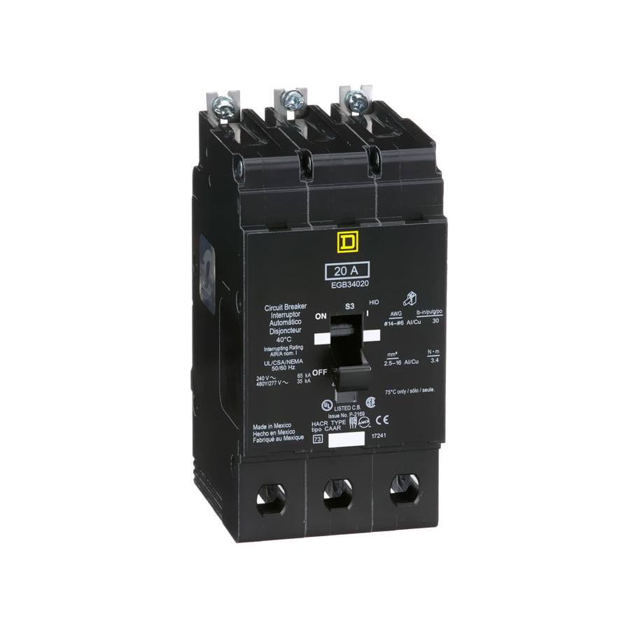 Interruptor Automático Atornillable Schneider Electric EGB34020, Marco E, 3 Polos, 20A, 480-277V, 35/65kA