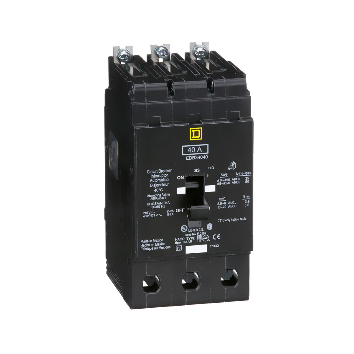 Interruptor Automático Atornillable Schneider Electric EDB34040, Marco E, 3 Polos, 40A, 480-277V, 18/25kA