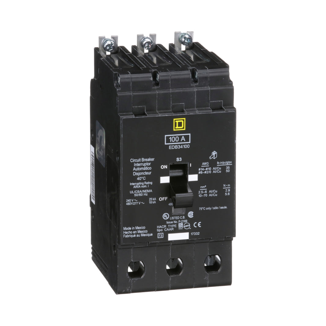Interruptor Automático Atornillable Schneider Electric EDB34100, Marco E, 3 Polos, 100A, 480-277V.