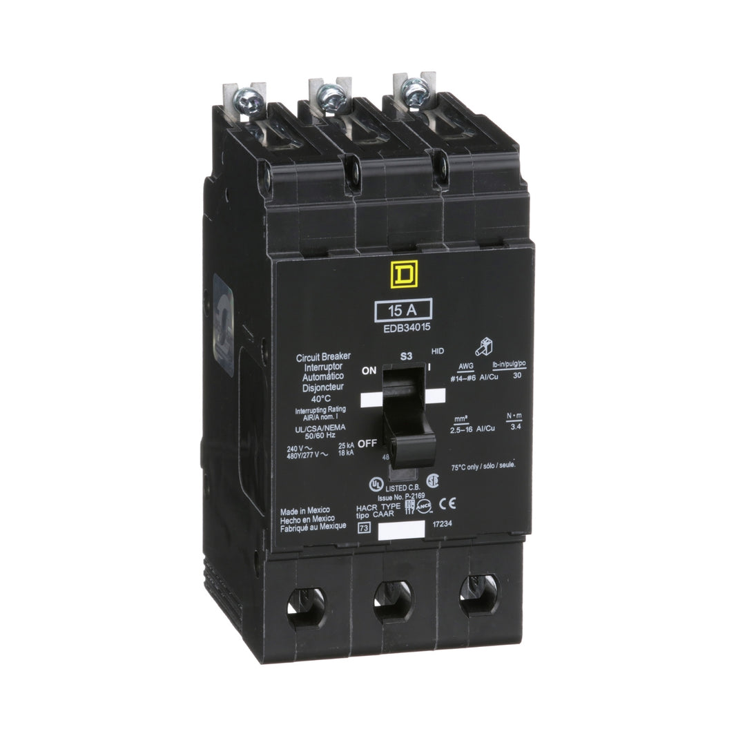 Interruptor Automático Atornillable Schneider Electric EDB34015, Marco E, 3 Polos, 15A, 480-277V, 18/25kA