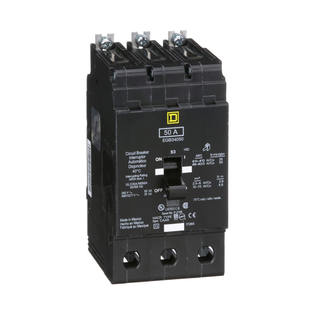 Interruptor Automático Atornillable Schneider Electric EGB34050, Marco E, 3 Polos, 50A, 480-277V, 35/65kA