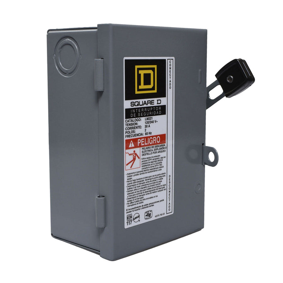Interruptor de seguridad con portafusibles Square D de 2 polos, 30A, 3 fases, 3 hilos, NEMA1, neutro