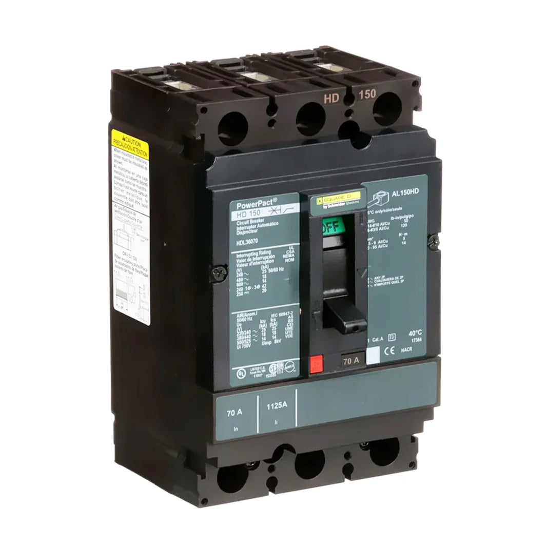 Interruptor de Caja Moldeada Schneider Electric PowerPacT HDL36070, 3 Polos, 70A, 600V, 14kA