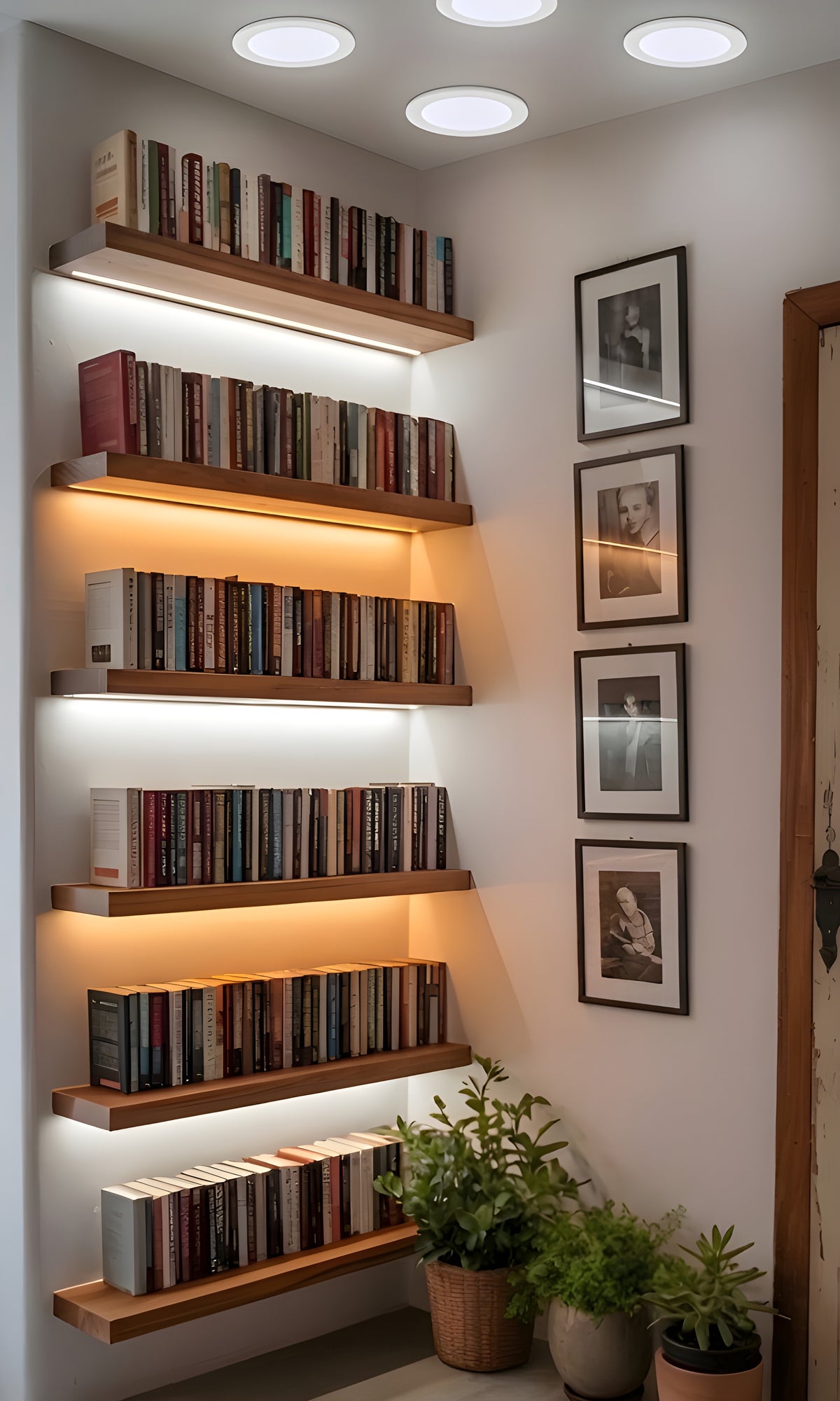 Repisas flotantes con libros iluminadas con luz lineal cálida y luminarias redondas empotradas en el techo
