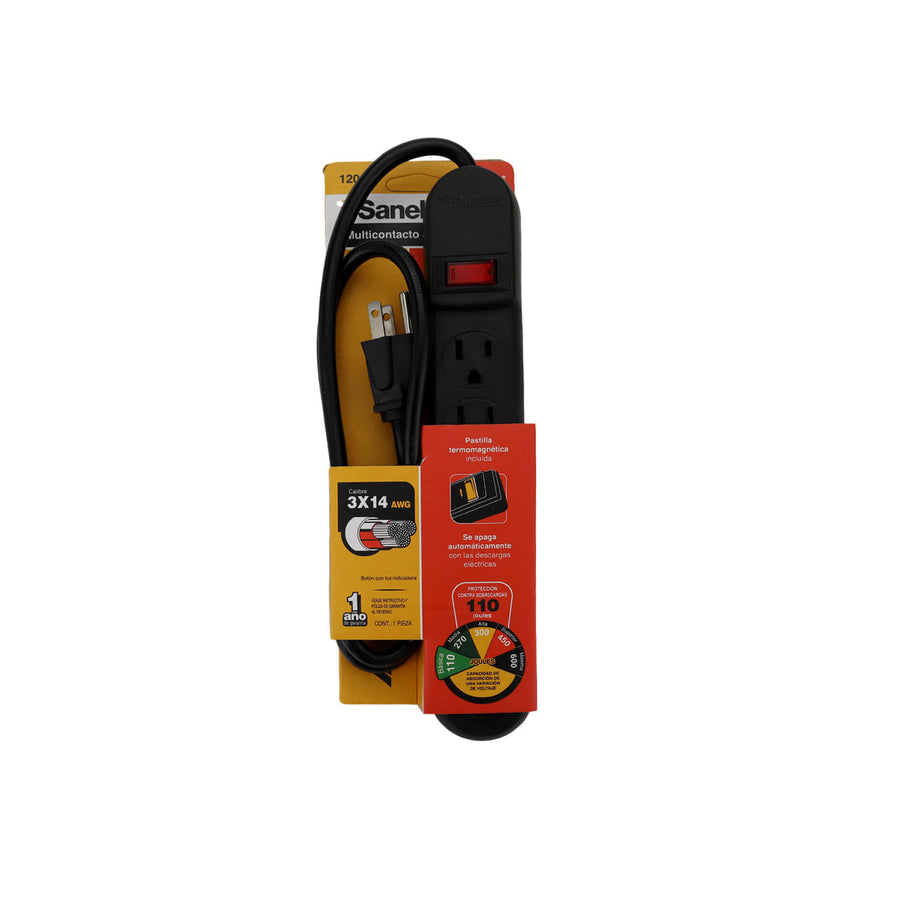 Multicontacto Sanelec con 6 Contactos, Supresor de Picos 110J y Cable Reforzado, | SE312020