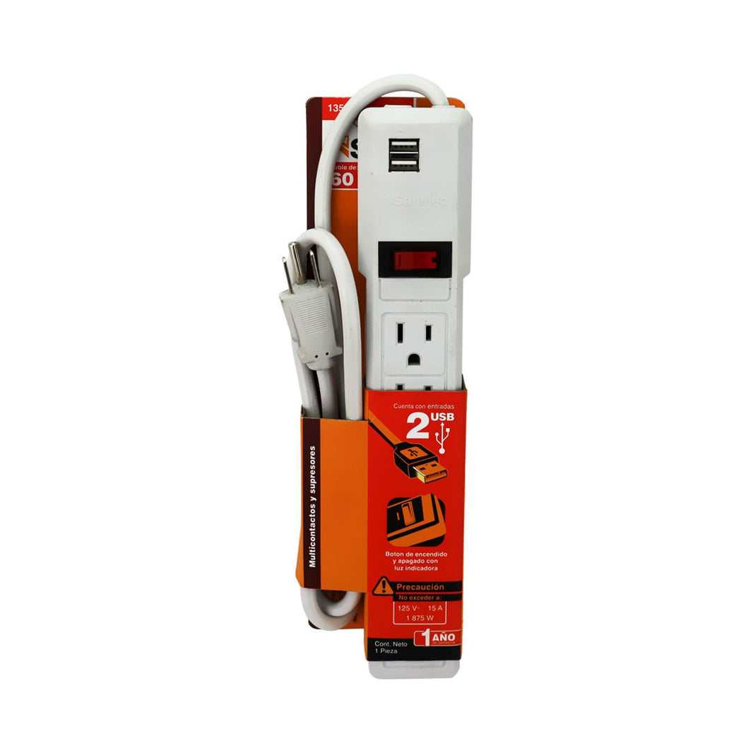 Multicontacto Sanelec con 6 Contactos, 2 Puertos USB y Supresor de Picos 450J, | SE313546