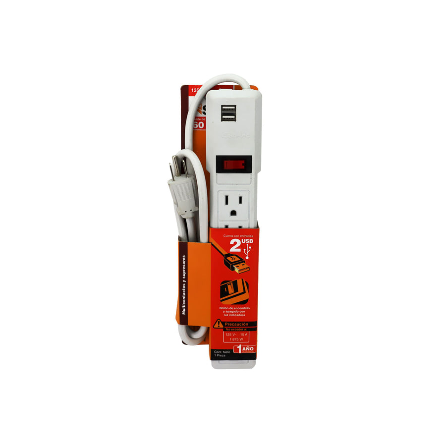 Multicontacto Sanelec con 6 Contactos, 2 Puertos USB y Supresor de Picos 450J, | SE313546